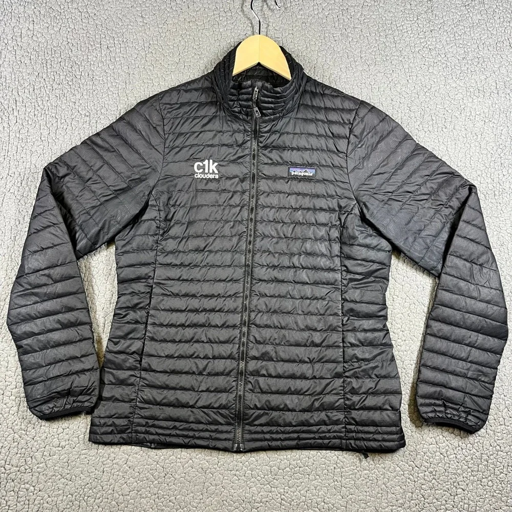 Patagonia Down Sweater Jacket Women's Medium Black Puffer Full Zip Cloudera Logo - Picture 1 of 14